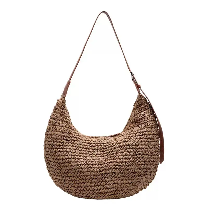 Women's U-Shaped Straw Crossbody Bag with Leather Strap - Image 7