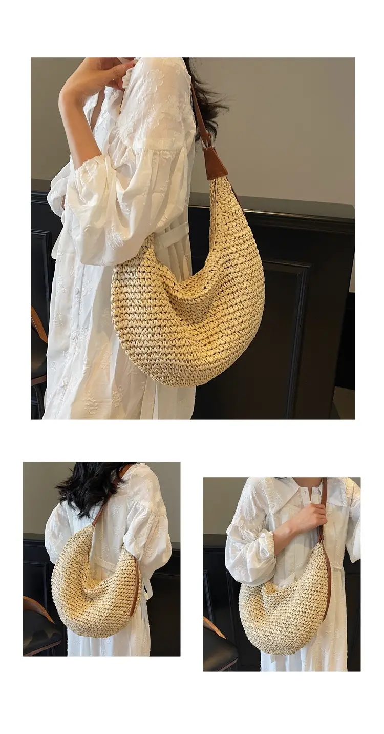 Women's U-Shaped Straw Crossbody Bag with Leather Strap — feature 7