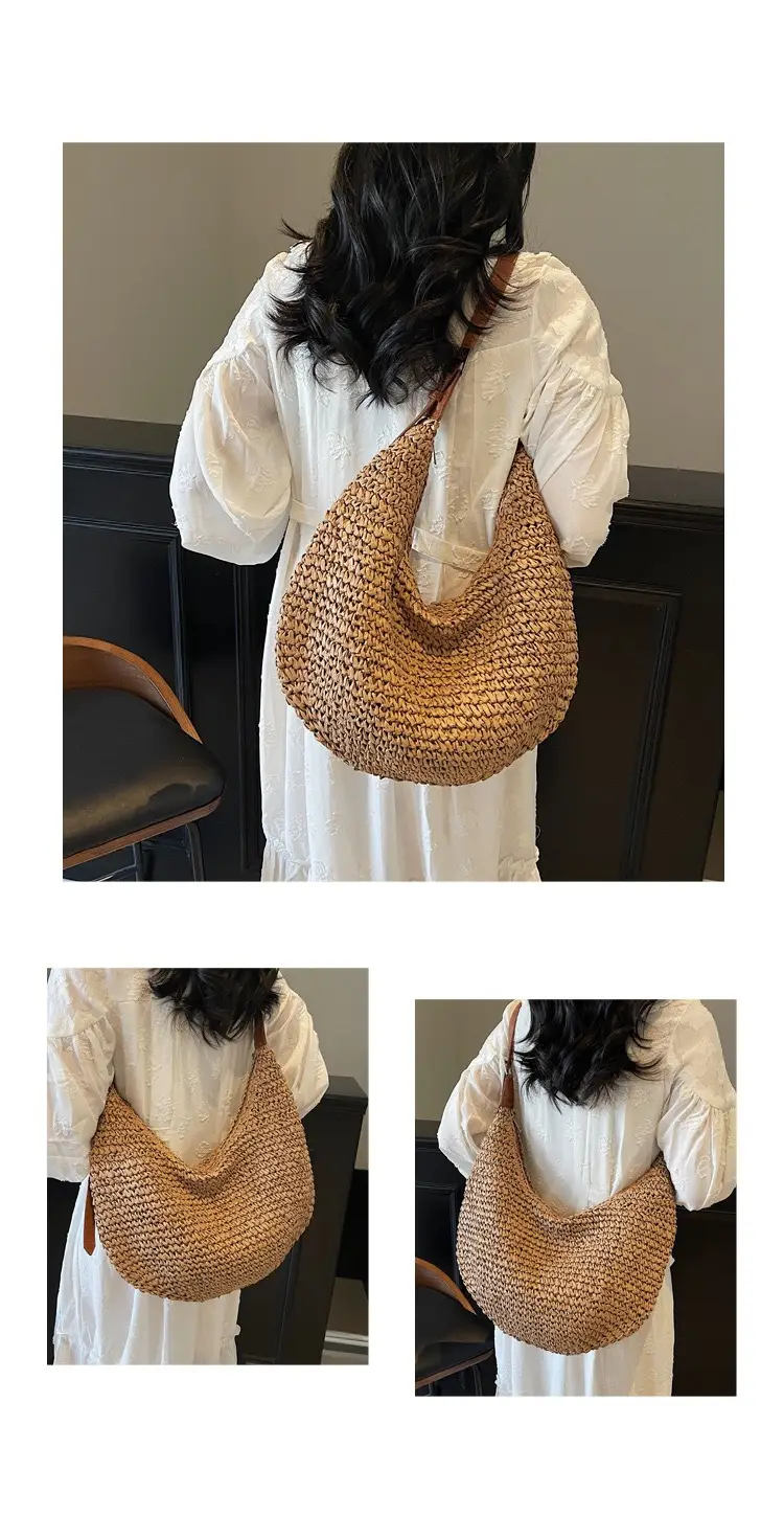 Women's U-Shaped Straw Crossbody Bag with Leather Strap — feature 8