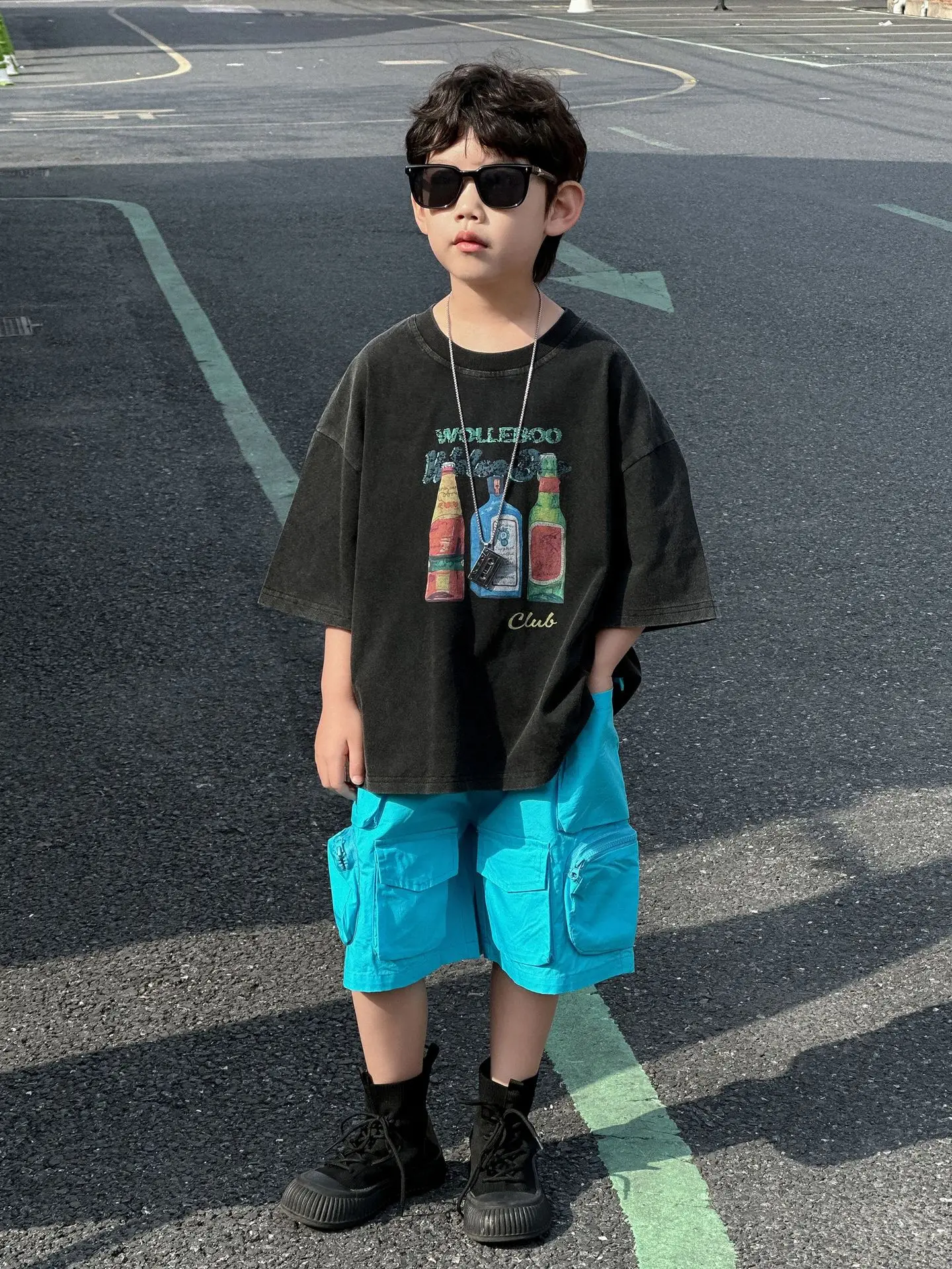 Boys Black Graphic Cotton Shorts Blue 2025 Summer - Image 3