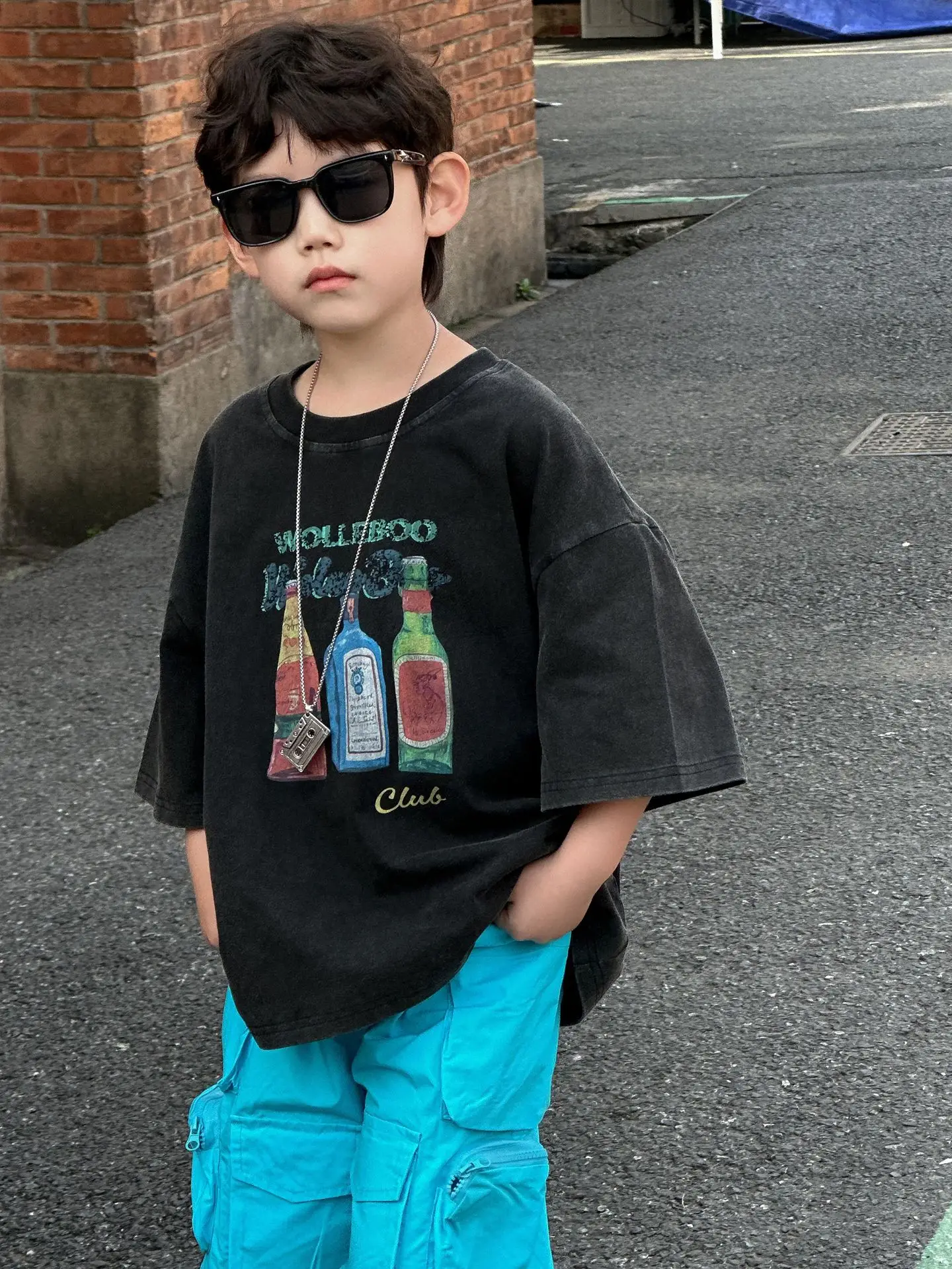 Boys Black Graphic Cotton Shorts Blue 2025 Summer - Image 4
