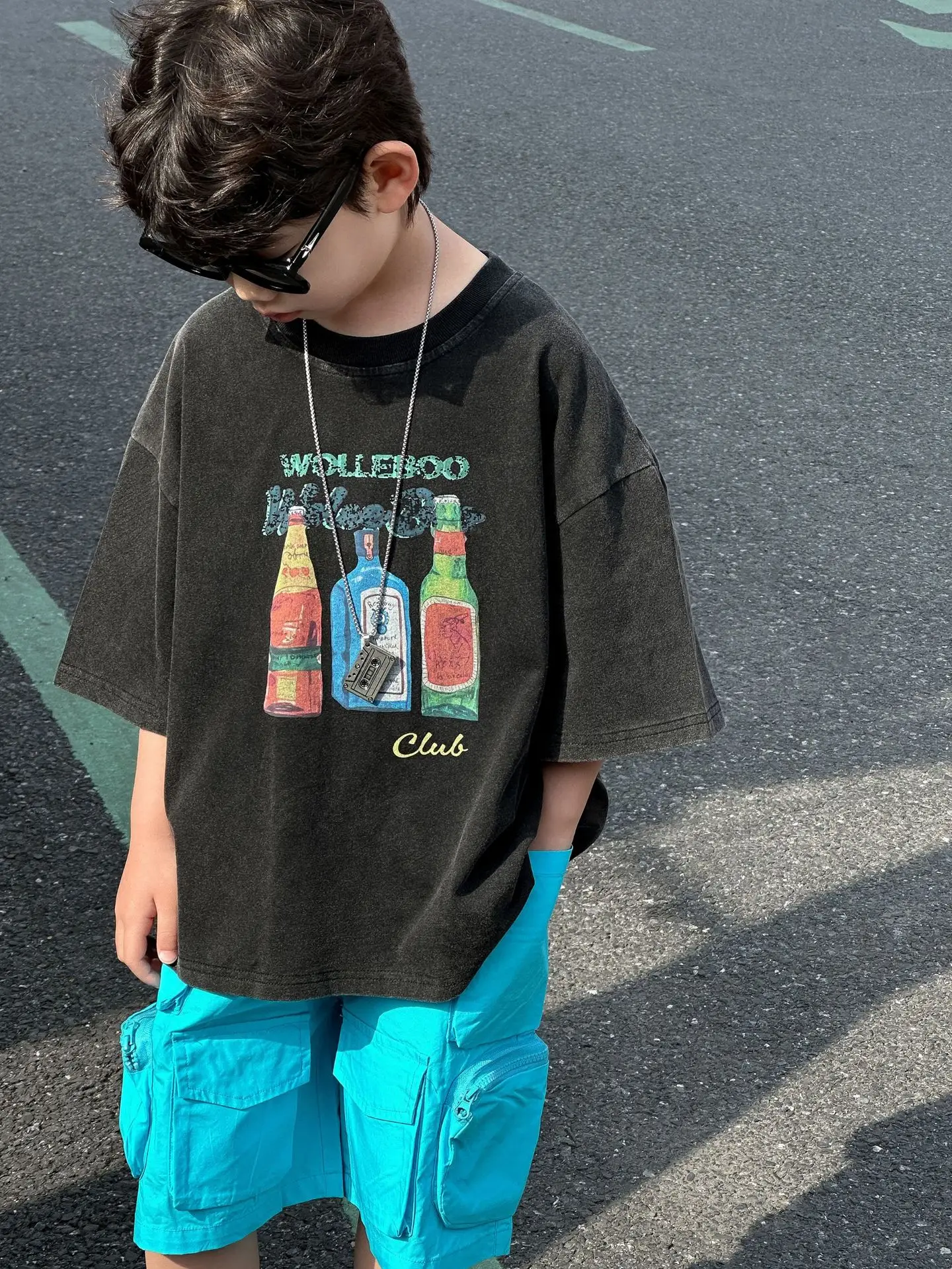Boys Black Graphic Cotton Shorts Blue 2025 Summer - Image 5