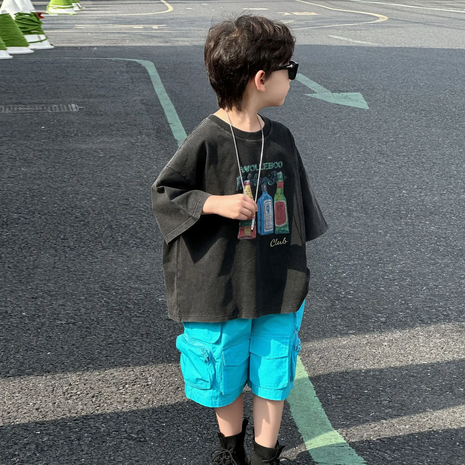 Boys Black Graphic Cotton Shorts Blue 2025 Summer — feature 10
