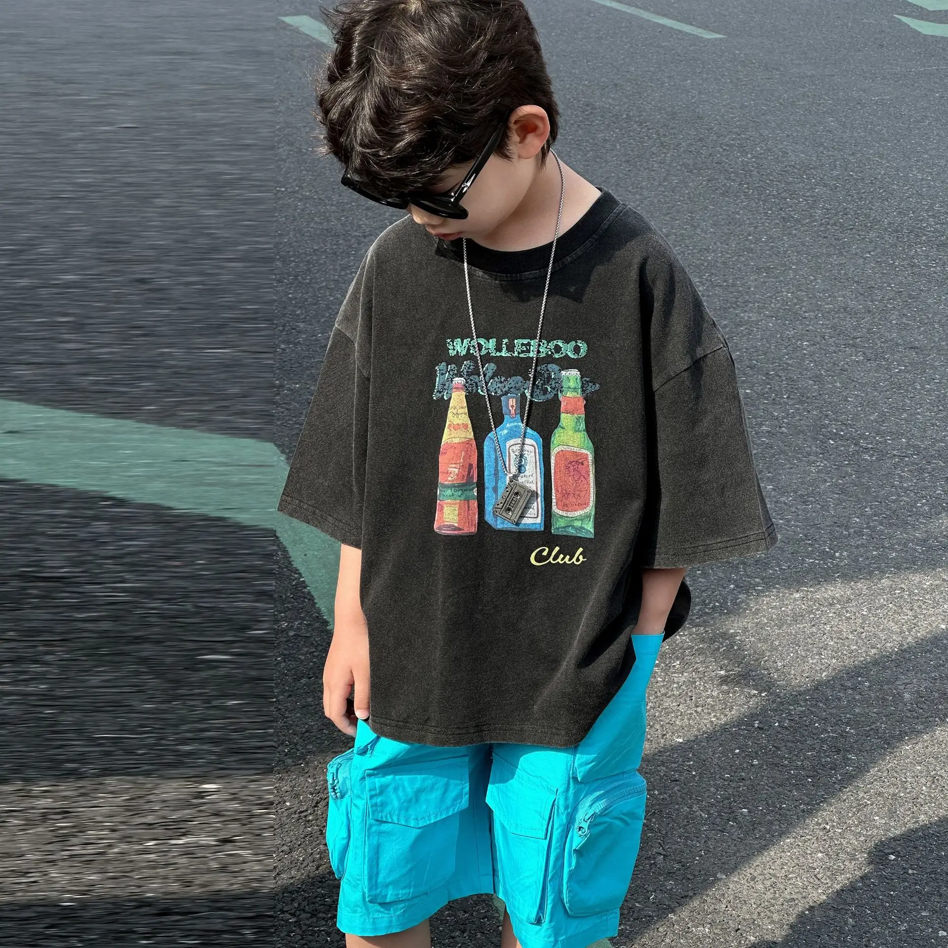 Boys Black Graphic Cotton Shorts Blue 2025 Summer — feature 11