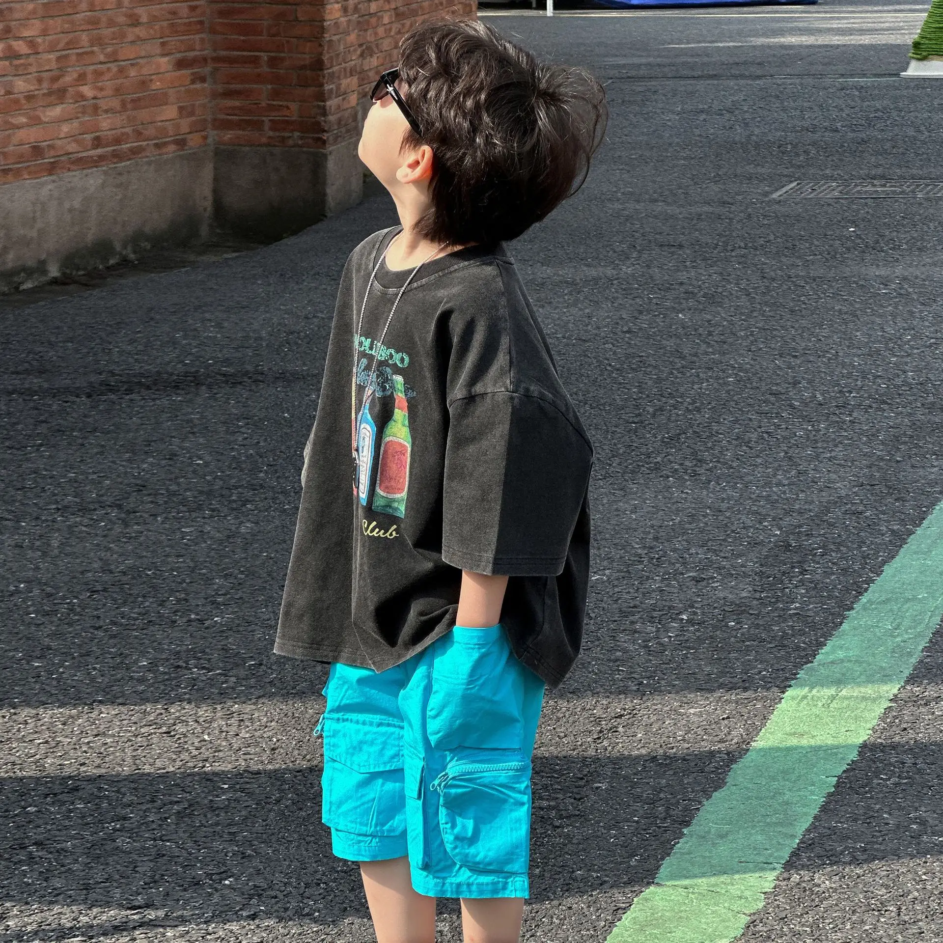 Boys Black Graphic Cotton Shorts Blue 2025 Summer — feature 12