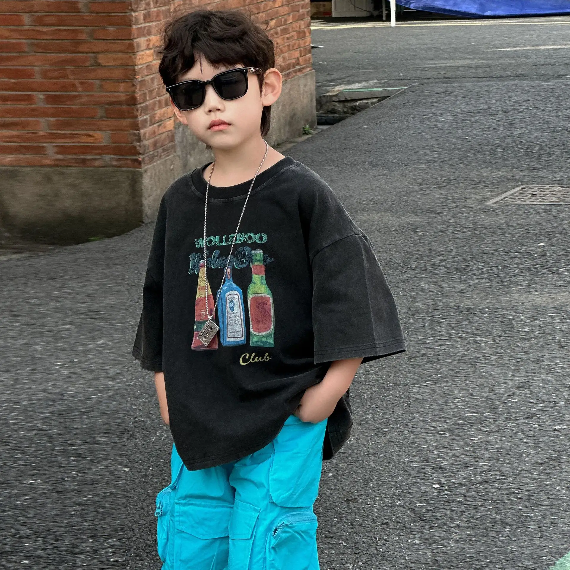 Boys Black Graphic Cotton Shorts Blue 2025 Summer — feature 13