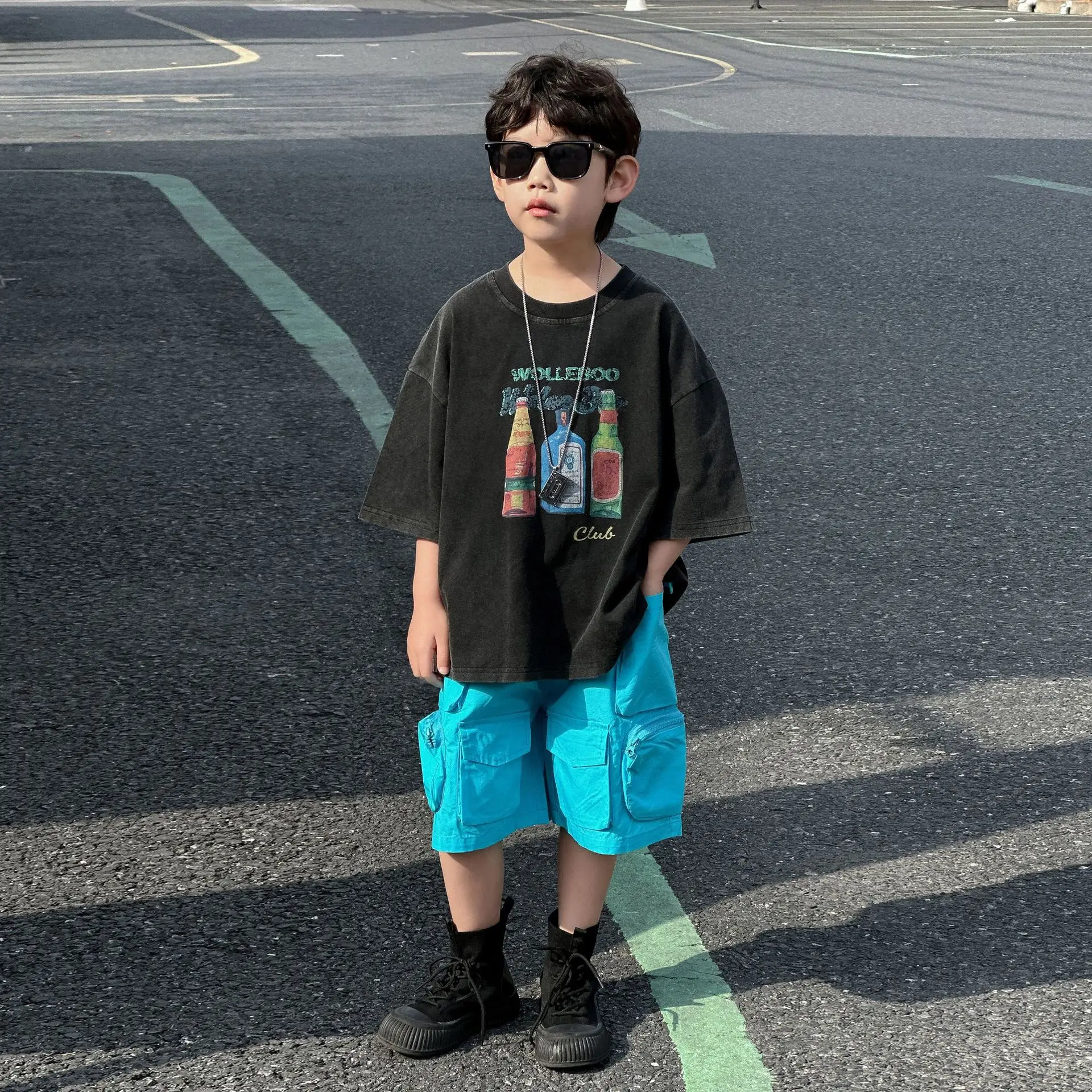 Boys Black Graphic Cotton Shorts Blue 2025 Summer — feature 2