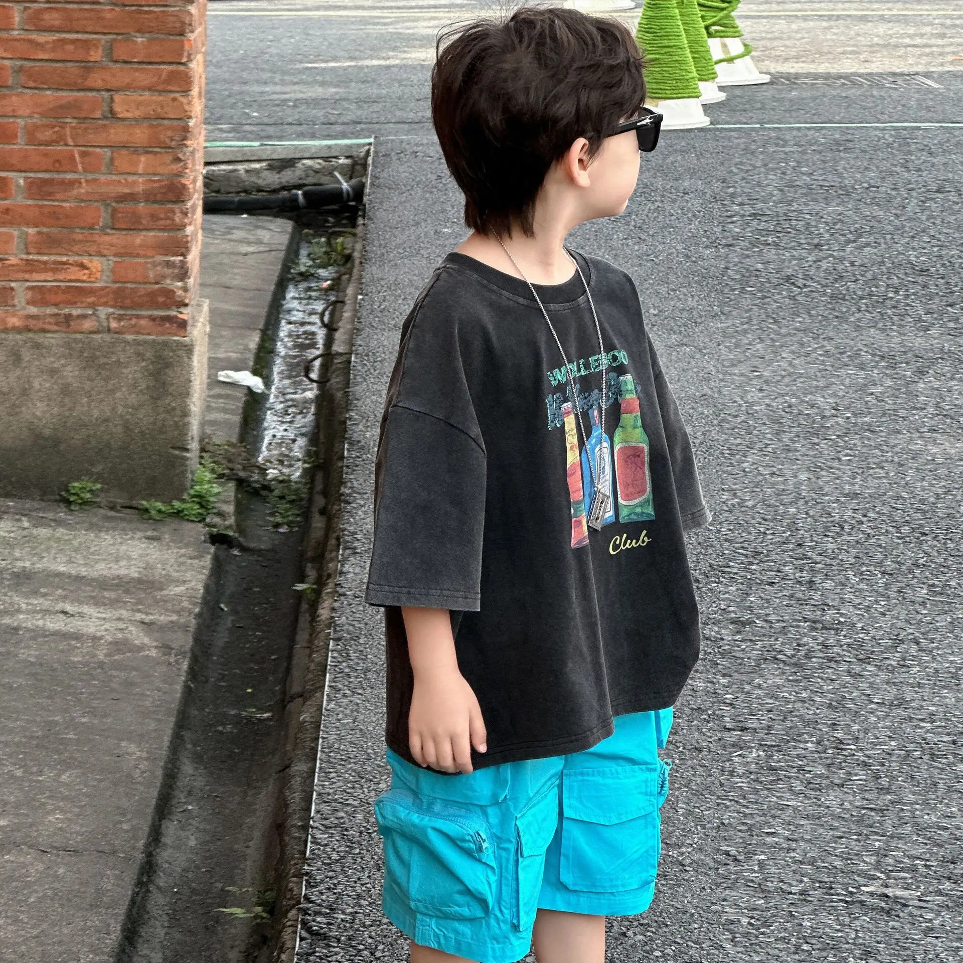 Boys Black Graphic Cotton Shorts Blue 2025 Summer — feature 6