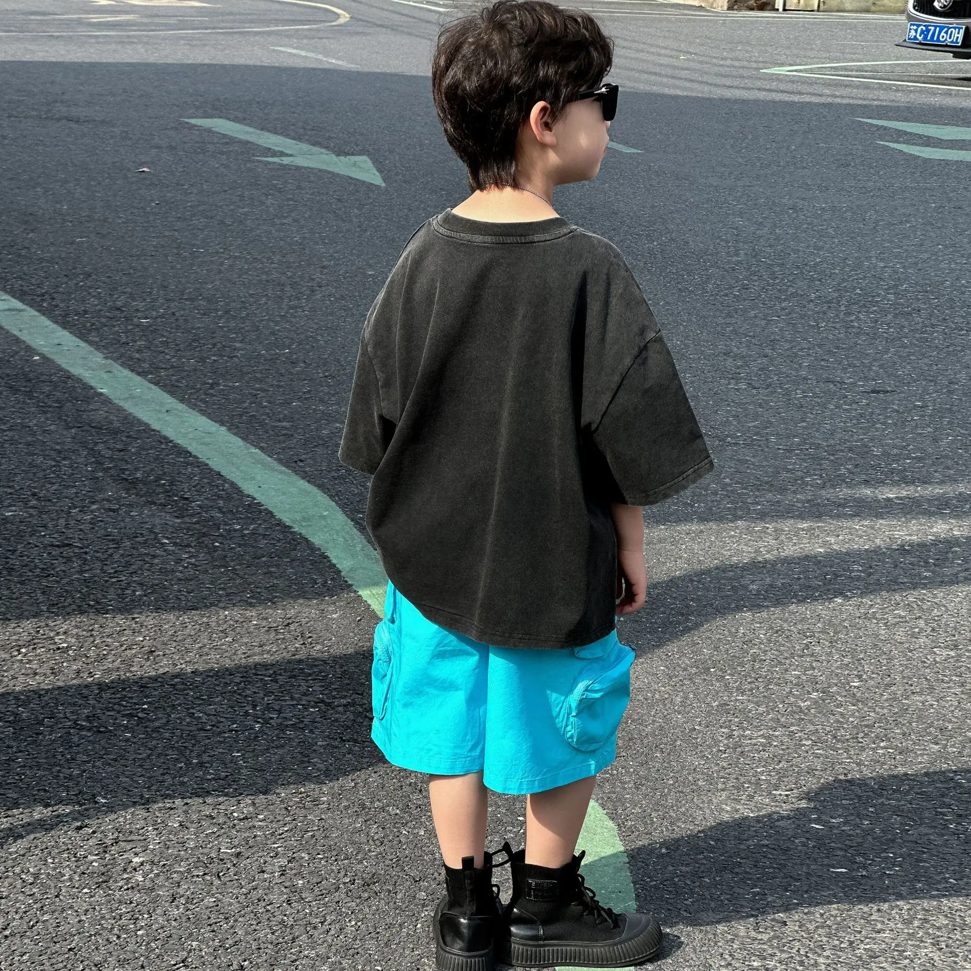 Boys Black Graphic Cotton Shorts Blue 2025 Summer — feature 8