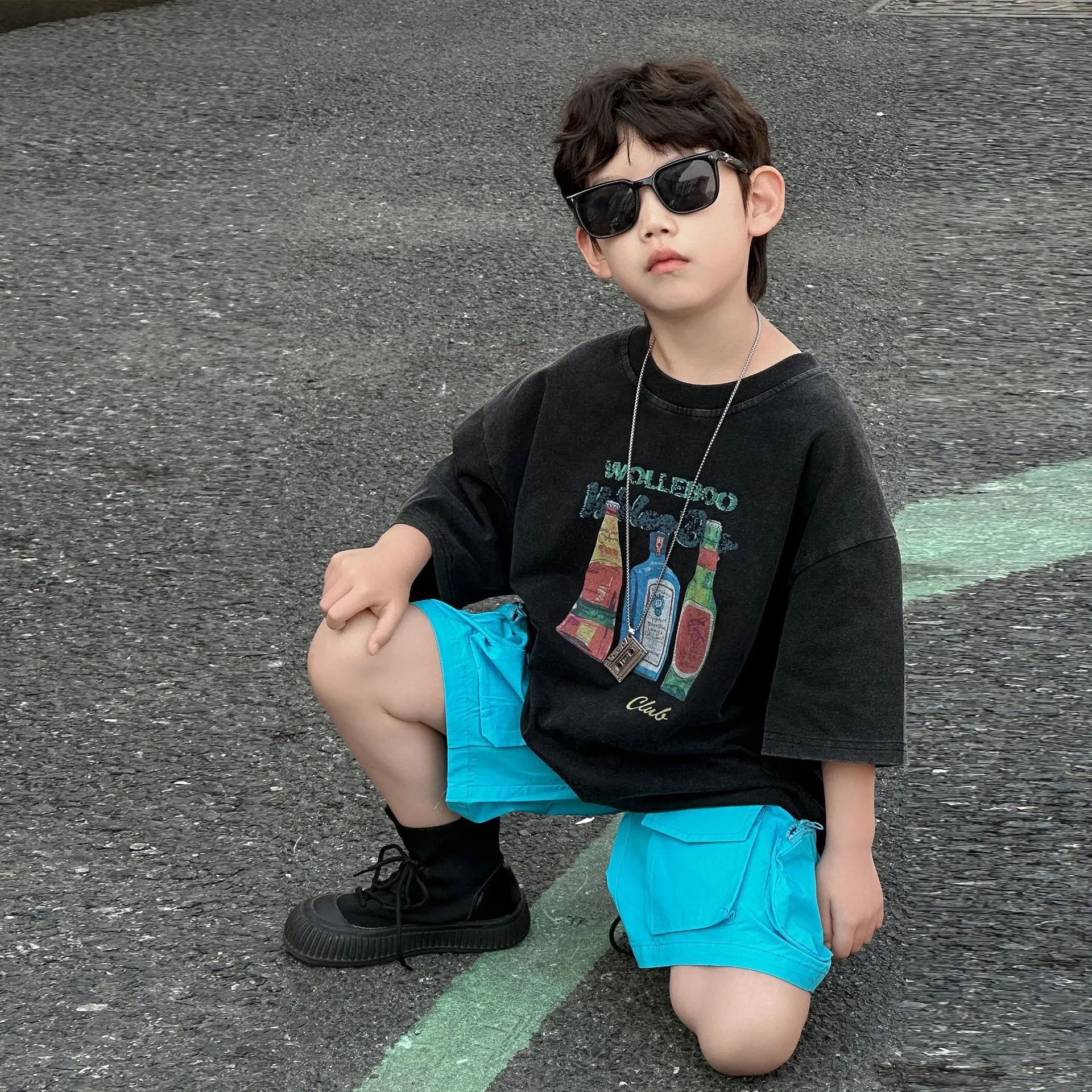 Boys Black Graphic Cotton Shorts Blue 2025 Summer — feature 9