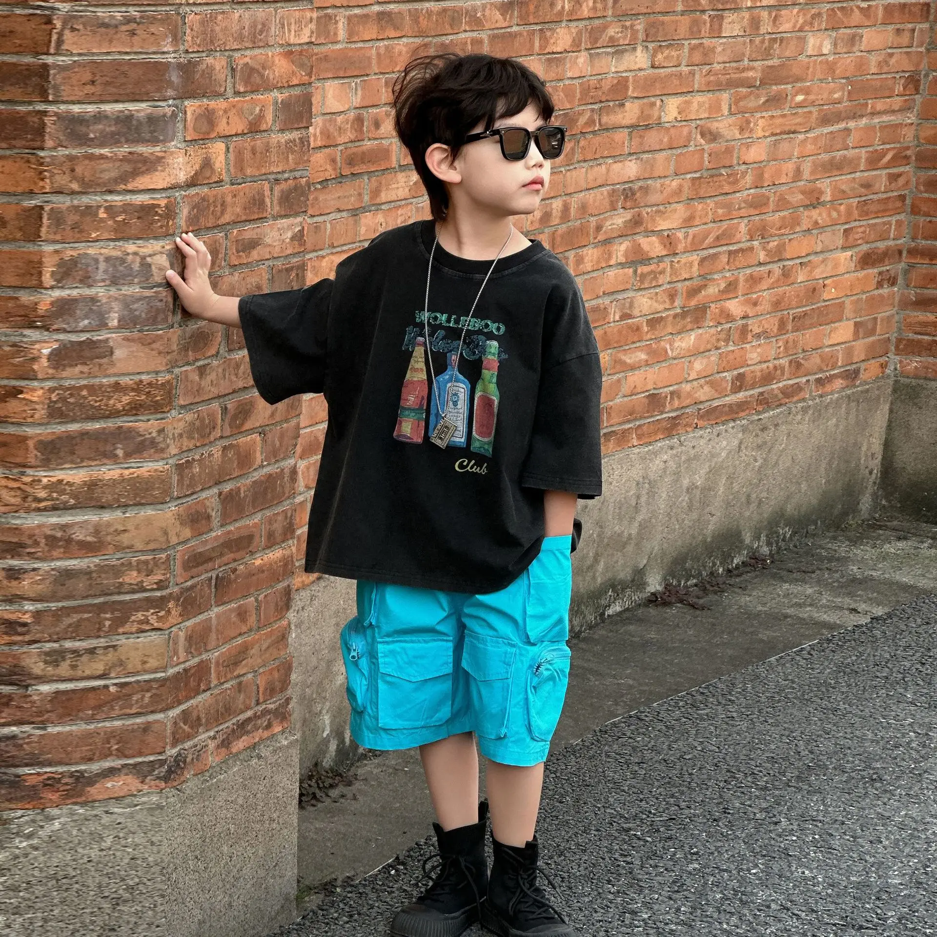 Boys Black Graphic Cotton Shorts Blue 2025 Summer