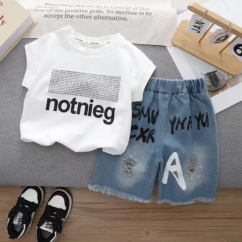 Children Cotton Sleeveless T-Shirt & Shorts Set Black Blue - Image 2