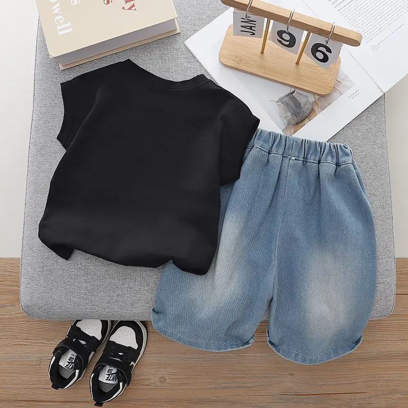 Children Cotton Sleeveless T-Shirt & Shorts Set Black Blue - Image 4