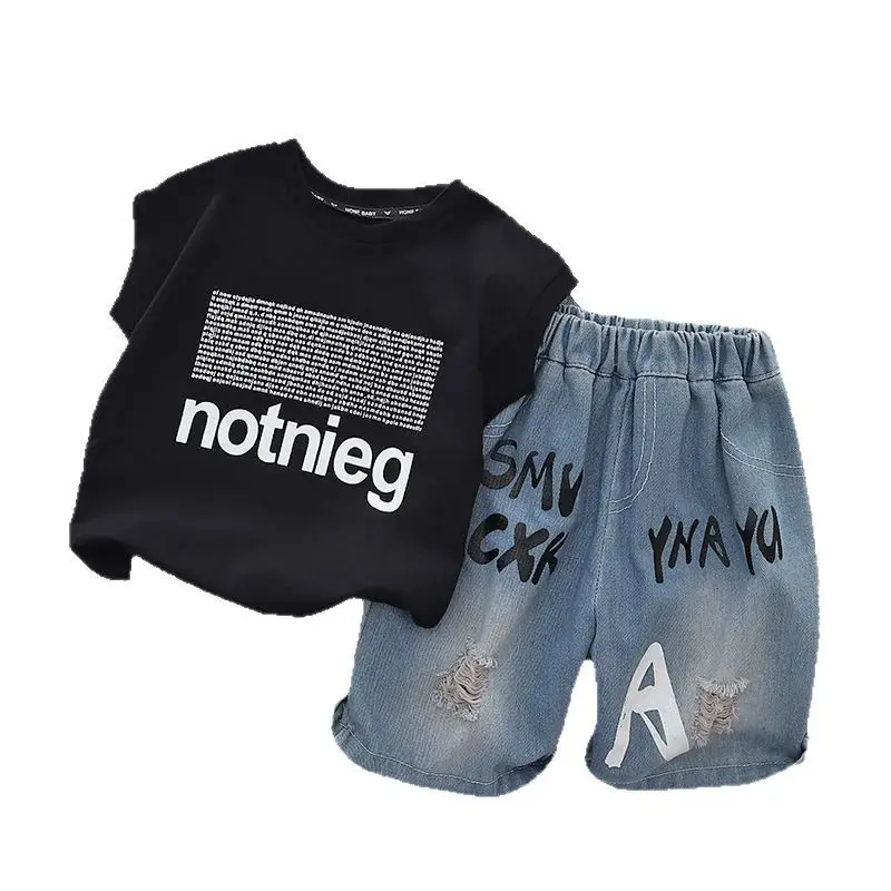 Children Cotton Sleeveless T-Shirt & Shorts Set Black Blue - Image 5
