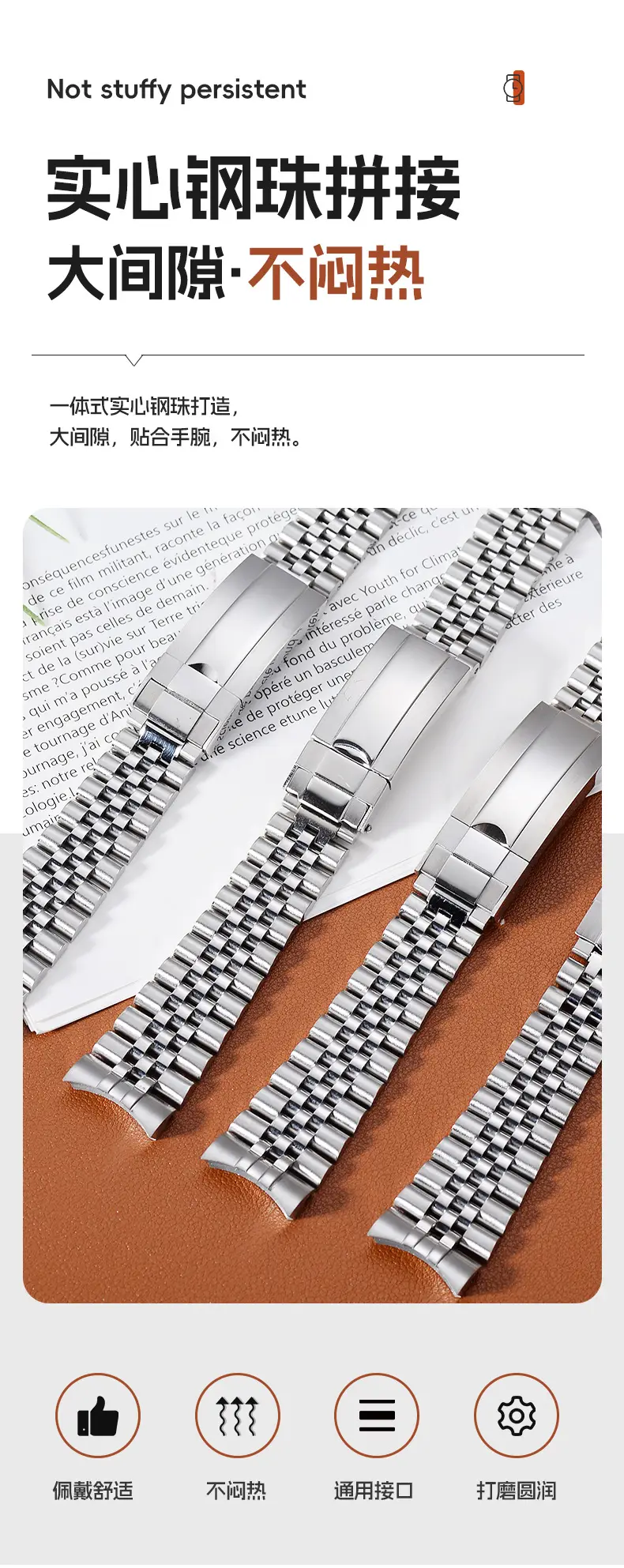 Stainless Steel Watch Strap with 5 Beads for Men Women — feature 5
