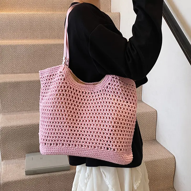 Women's Yellow Hollow Knitted Bucket Bag - Image 5