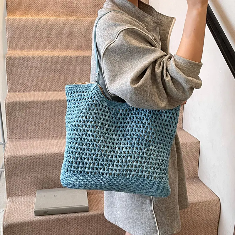 Women's Yellow Hollow Knitted Bucket Bag - Image 6