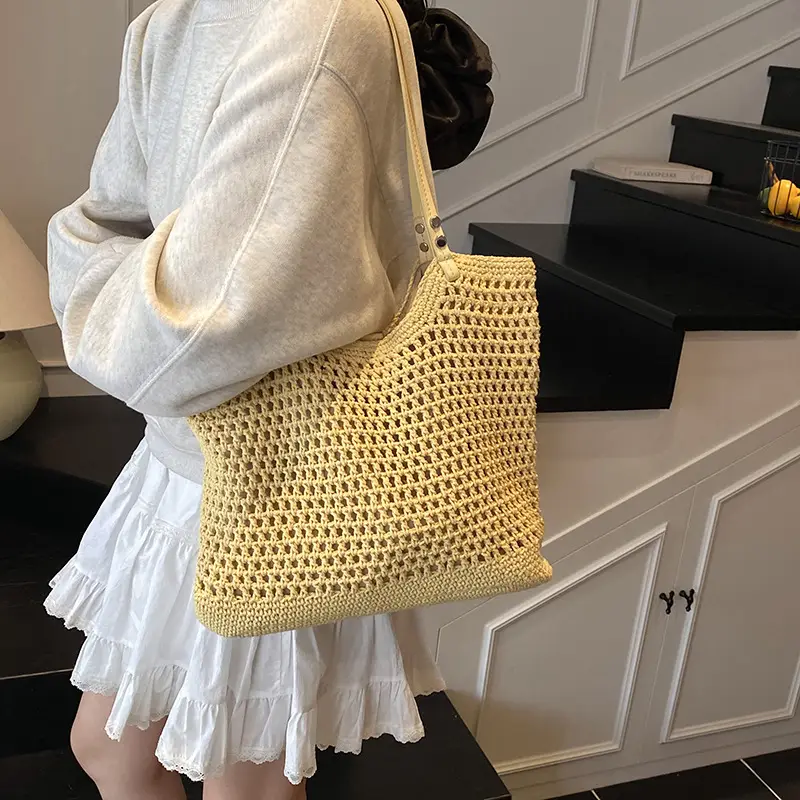 Women's Yellow Hollow Knitted Bucket Bag - Image 7