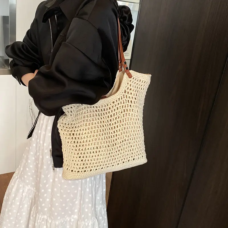 Women's Yellow Hollow Knitted Bucket Bag - Image 8