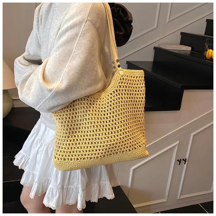Women's Yellow Hollow Knitted Bucket Bag — feature 23