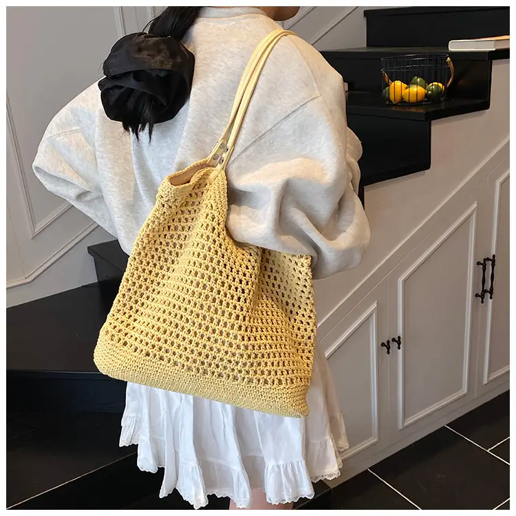 Women's Yellow Hollow Knitted Bucket Bag — feature 24