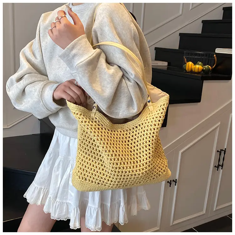 Women's Yellow Hollow Knitted Bucket Bag — feature 25