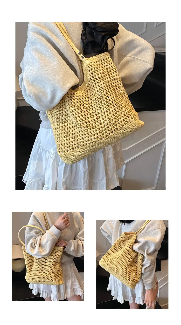 Women's Yellow Hollow Knitted Bucket Bag — feature 5
