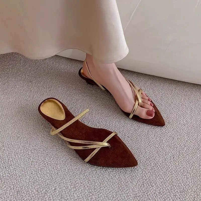 French Holiday Pointed Toe Gold Wedge Sandals for Women