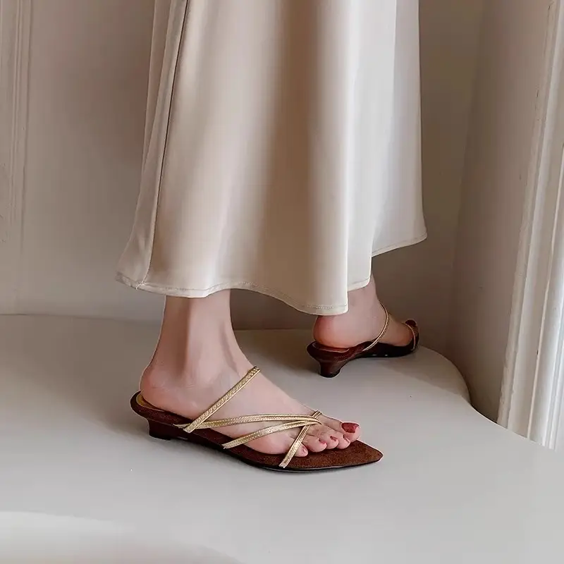 French Holiday Pointed Toe Gold Wedge Sandals for Women