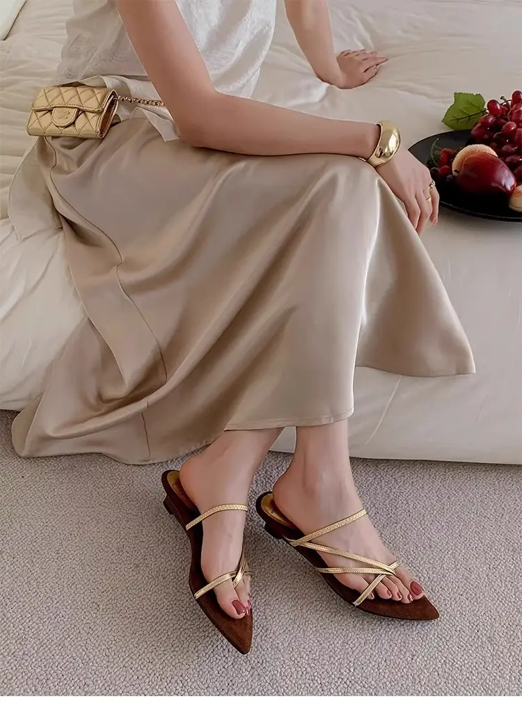 French Holiday Pointed Toe Gold Wedge Sandals for Women
