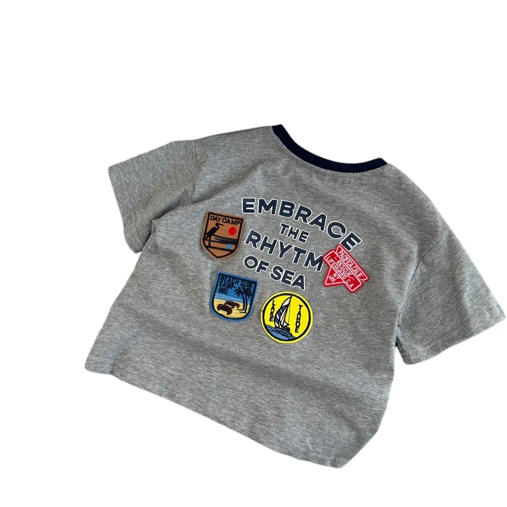 Boys Grey T-Shirt with Sea Rhythm Embroidery