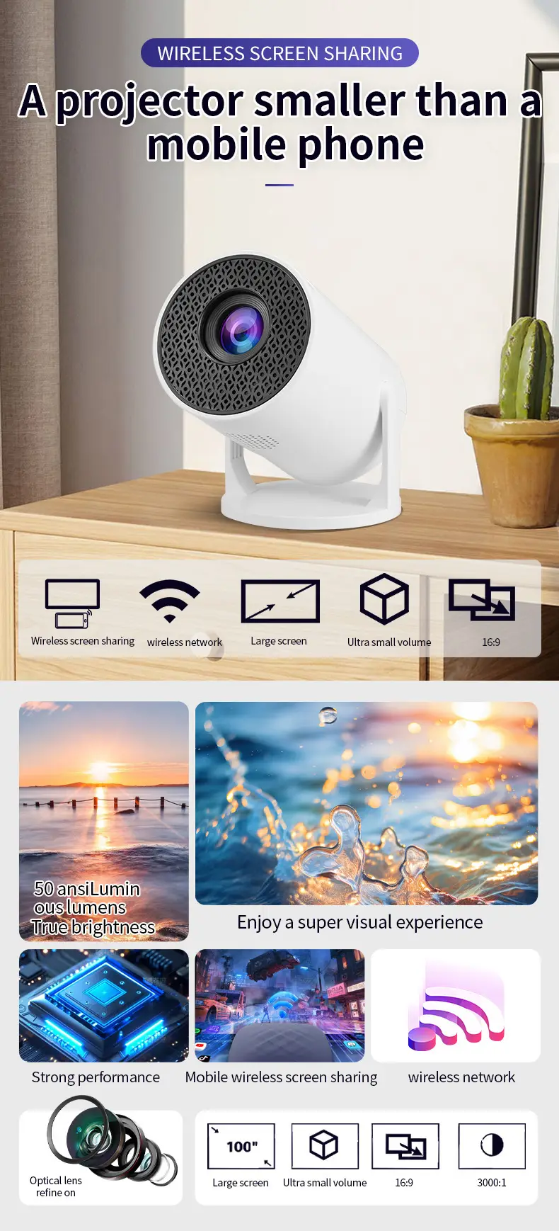 Hy300Mini Projector Wireless Screen Mirroring Hd 1080P Home Theater Portable Barrel Projection — feature 2