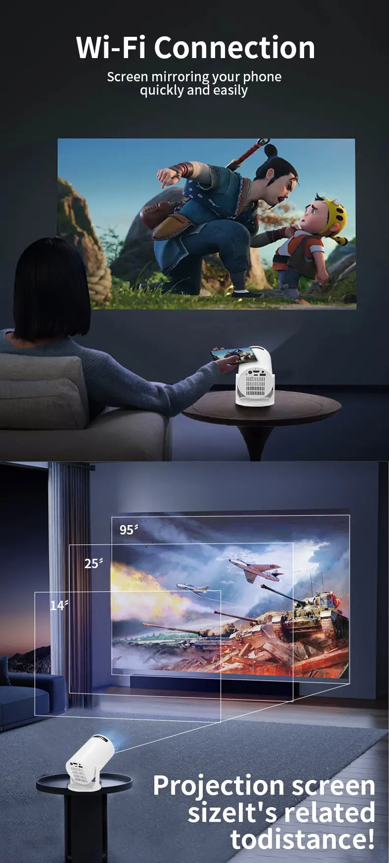 Hy300Mini Projector Wireless Screen Mirroring Hd 1080P Home Theater Portable Barrel Projection — feature 5