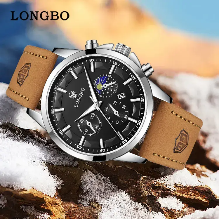 Longbo Men's Blue Chronograph Quartz Watch Brown Leather Band