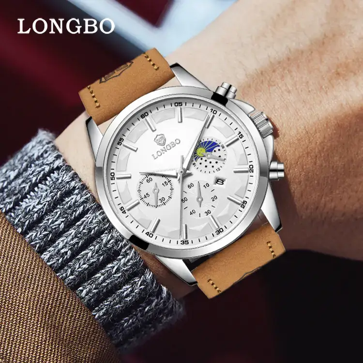Longbo Men's Blue Chronograph Quartz Watch Brown Leather Band