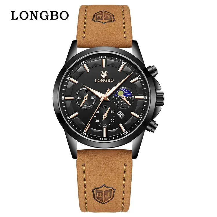 Longbo Men's Blue Chronograph Quartz Watch Brown Leather Band