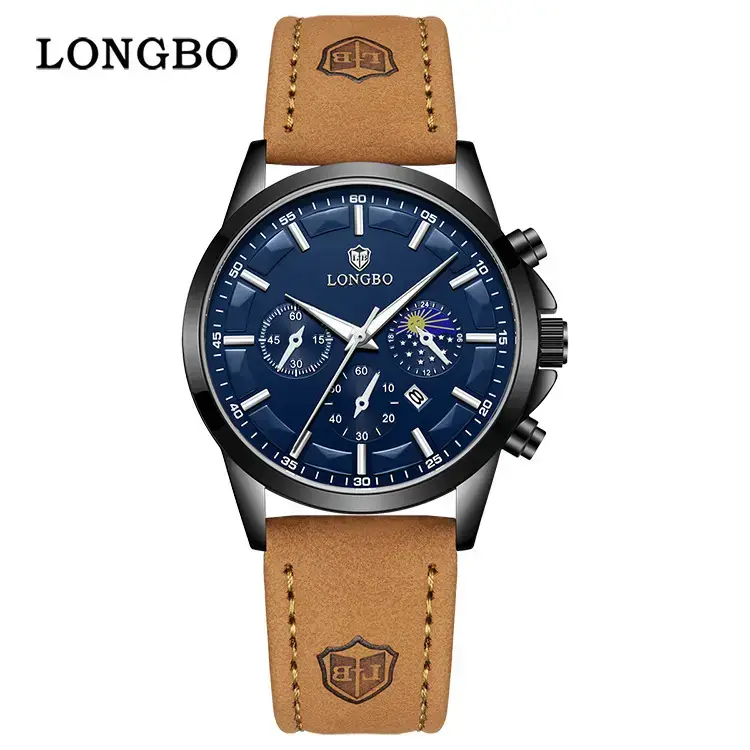 Longbo Men's Blue Chronograph Quartz Watch Brown Leather Band
