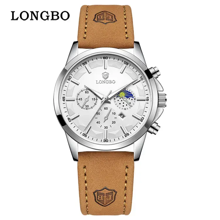 Longbo Men's Blue Chronograph Quartz Watch Brown Leather Band