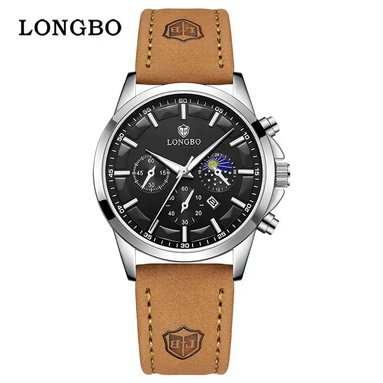 Longbo Men's Blue Chronograph Quartz Watch Brown Leather Band