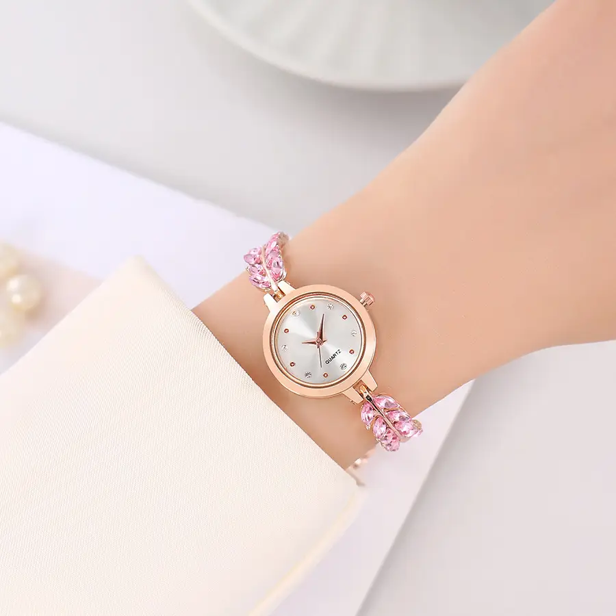 Women's Pink Crystal Diamond Watch with Rose Gold Chain - Image 5