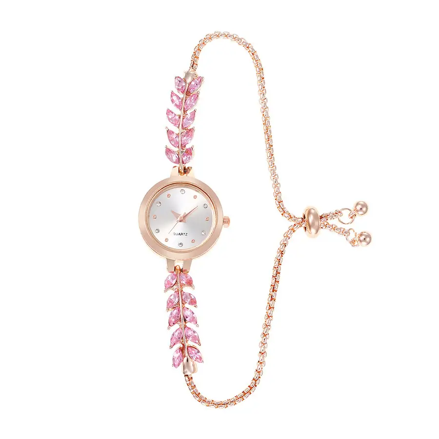 Women's Pink Crystal Diamond Watch with Rose Gold Chain - Image 6
