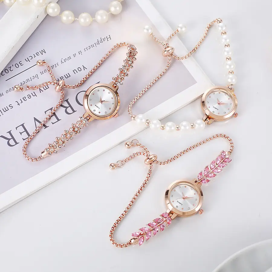 Women's Pink Crystal Diamond Watch with Rose Gold Chain — feature 1