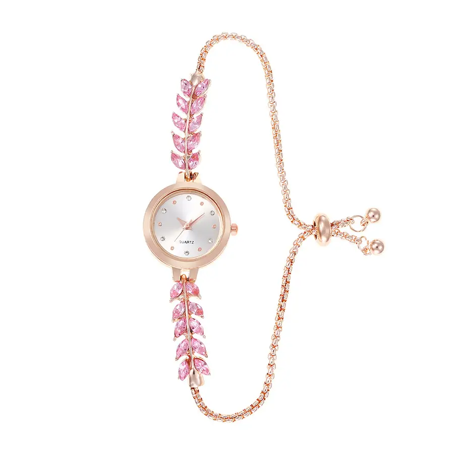 Women's Pink Crystal Diamond Watch with Rose Gold Chain — feature 4