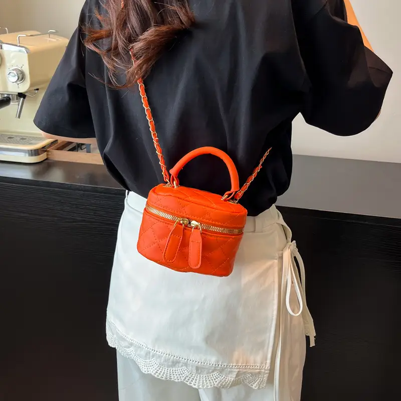 Orange Mini Quilted Chain Bag for Women - Image 9