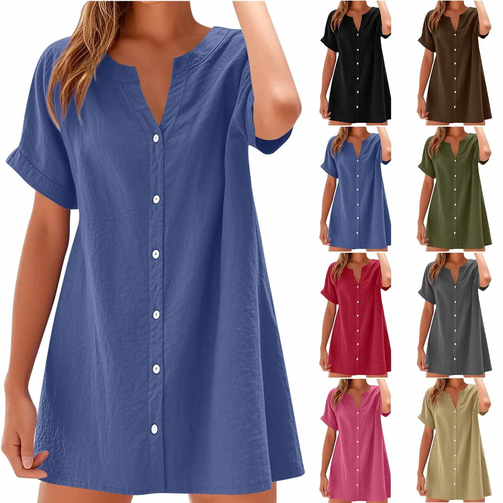 Women Cotton Linen V Neck Button Dress Blue - Image 9
