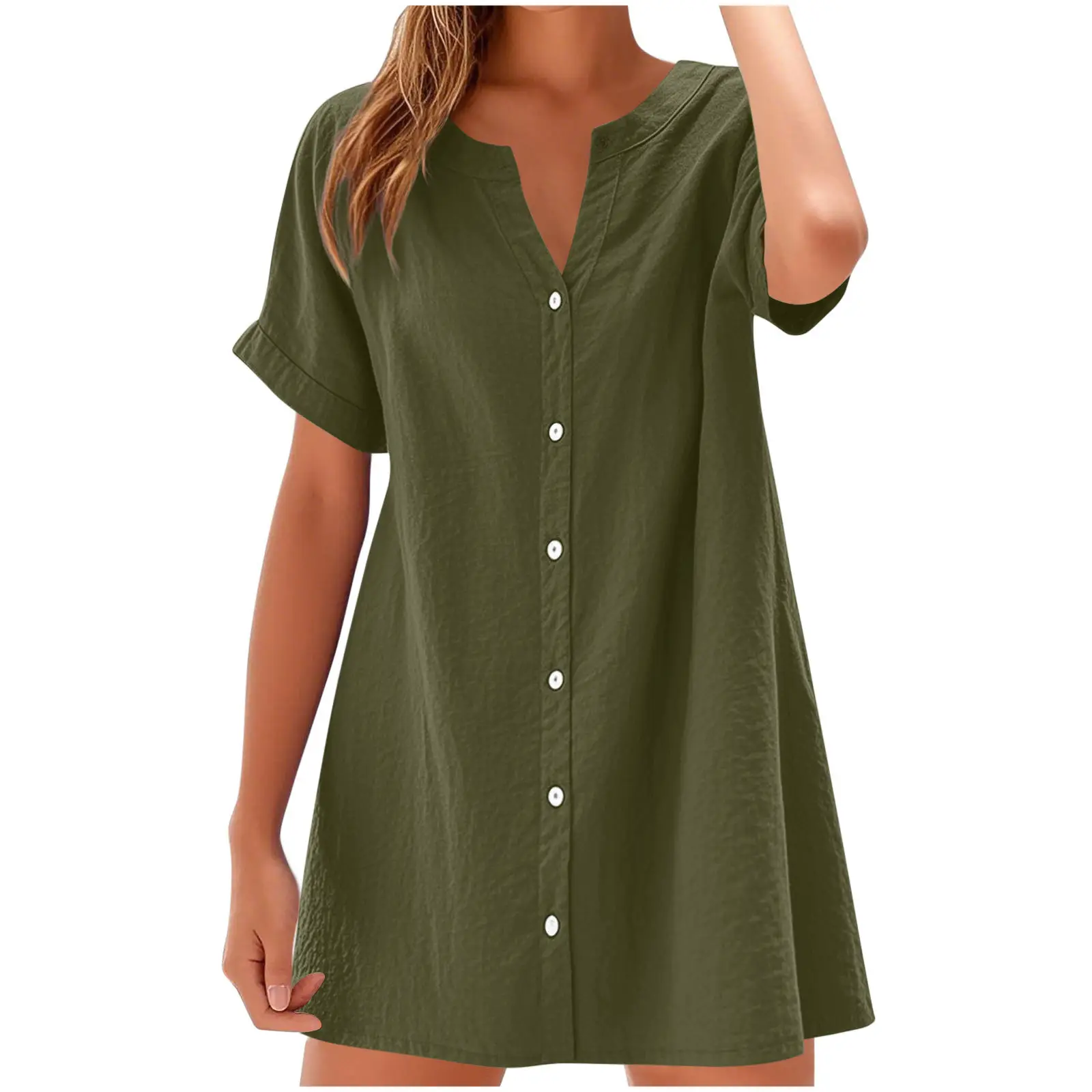 Women Cotton Linen V Neck Button Dress Blue - Image 13