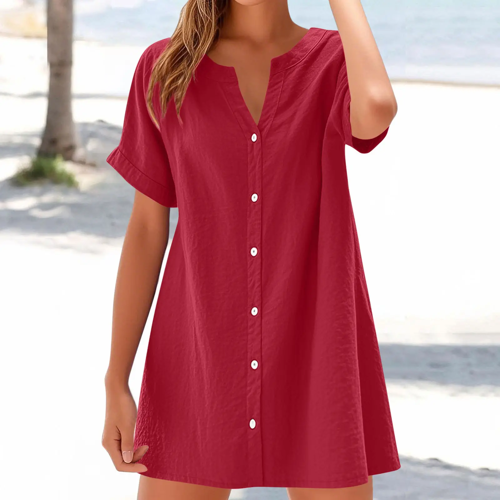 Women Cotton Linen V Neck Button Dress Blue — feature 2