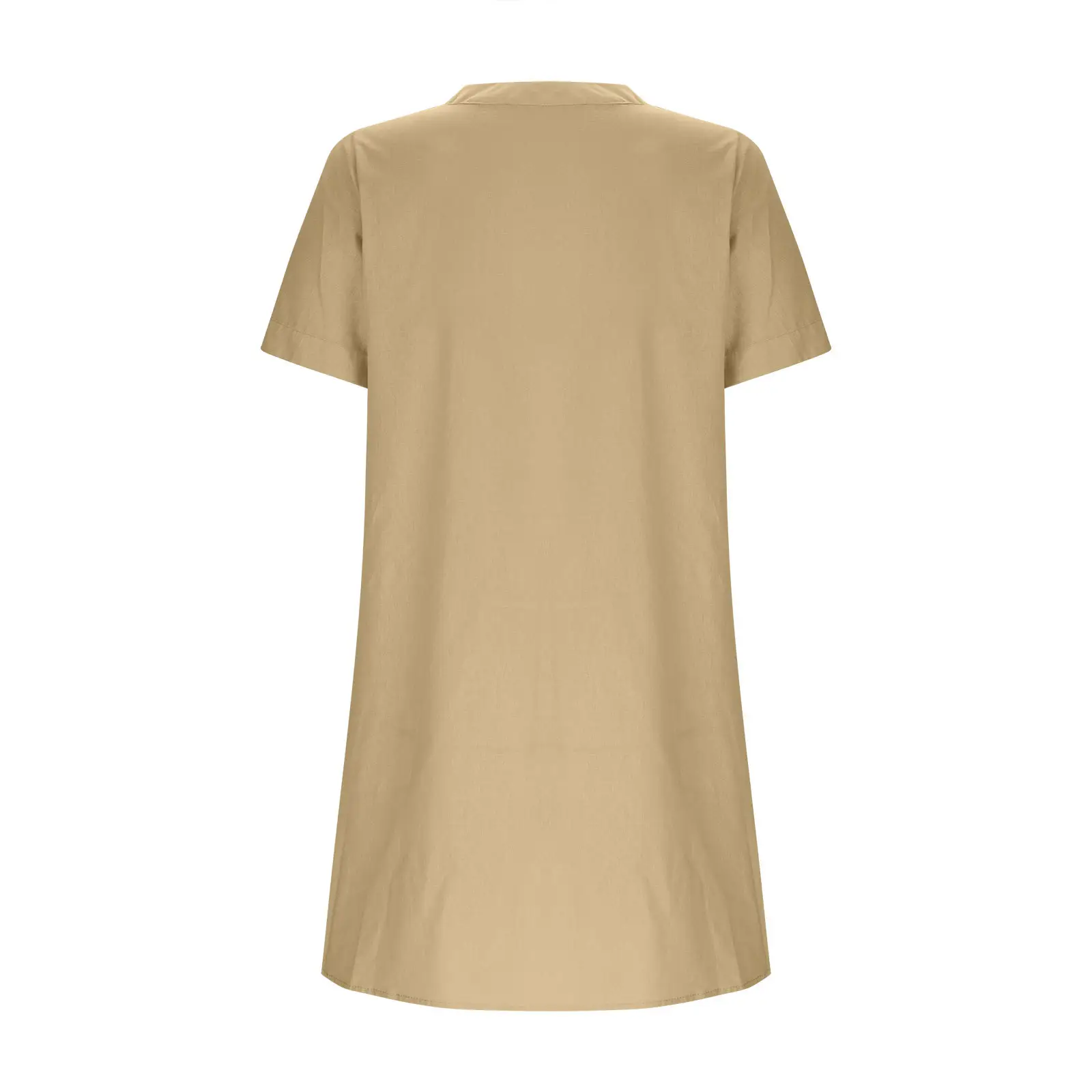 Women Cotton Linen V Neck Button Dress Blue — feature 21