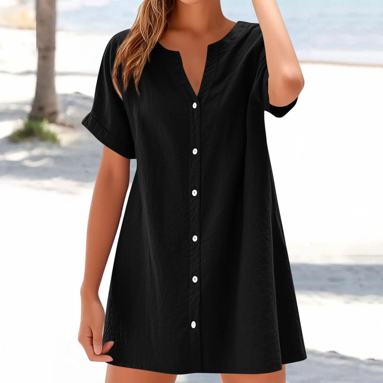 Women Cotton Linen V Neck Button Dress Blue — feature 4