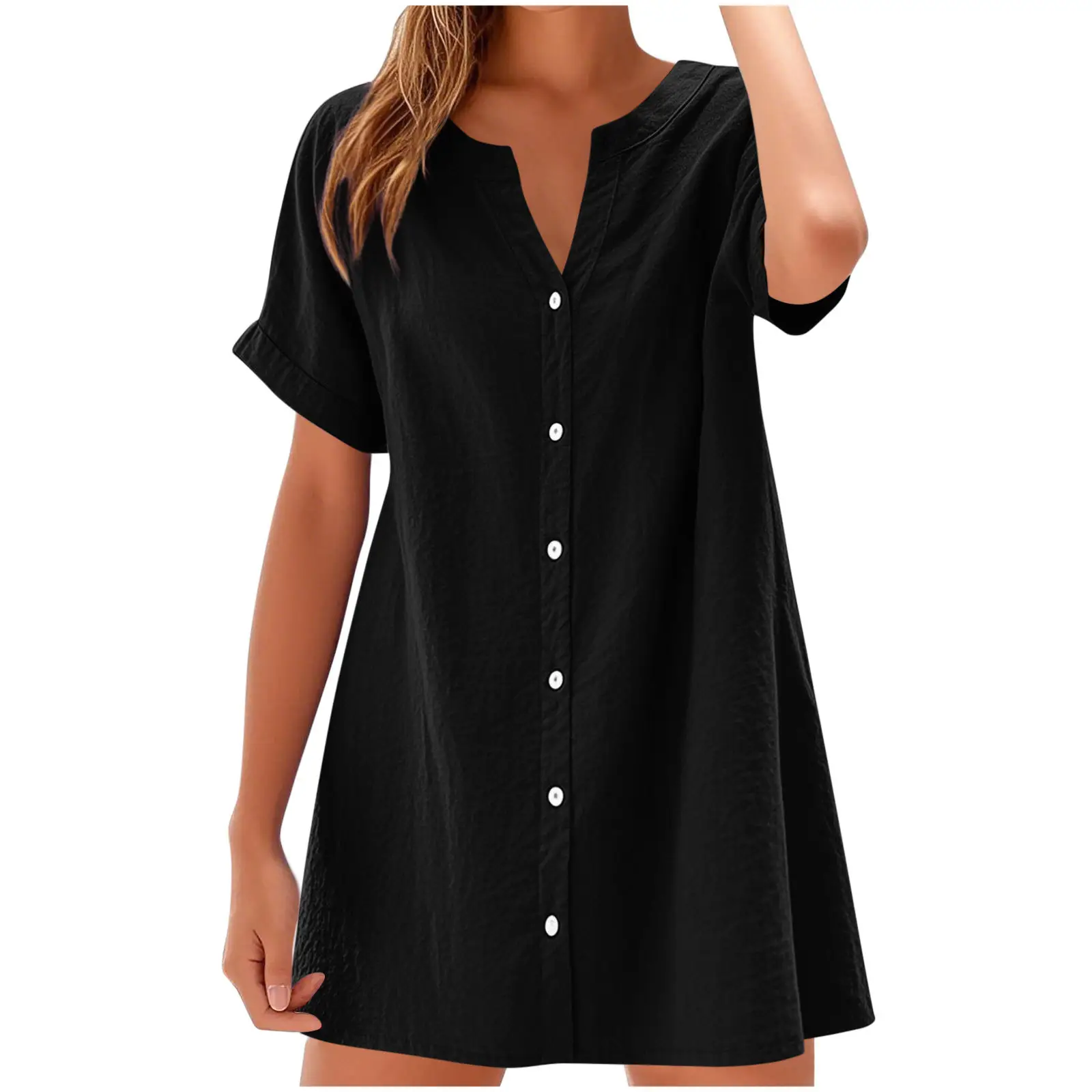 Women Cotton Linen V Neck Button Dress Blue - Image 2